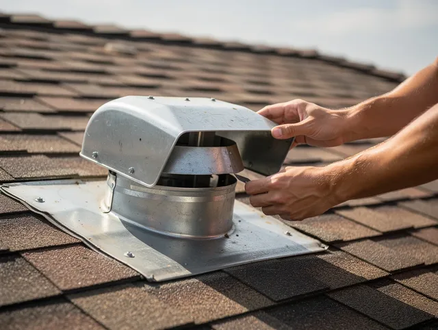Covina Dryer Vent Cleaning certified technician safely cleaning a roof-mounted dryer vent in Covina