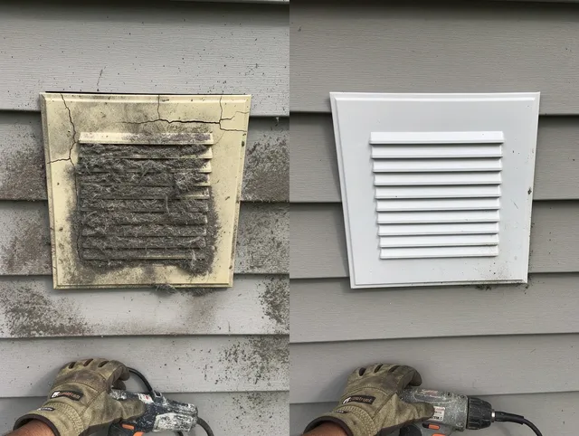 Covina Dryer Vent Cleaning technician installing high-quality dryer vent cover at a residential property in Covina