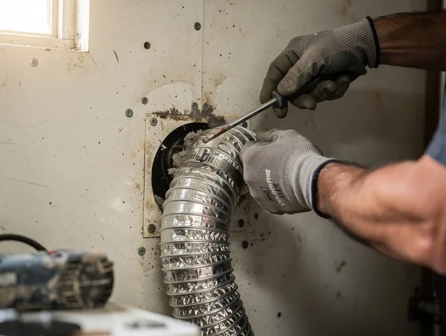 Covina Dryer Vent Cleaning technician performing precise dryer vent hose installation in Covina
